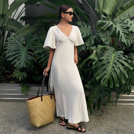 Damen Maxikleid mit fließenden Ärmeln und V-Ausschnitt R&B