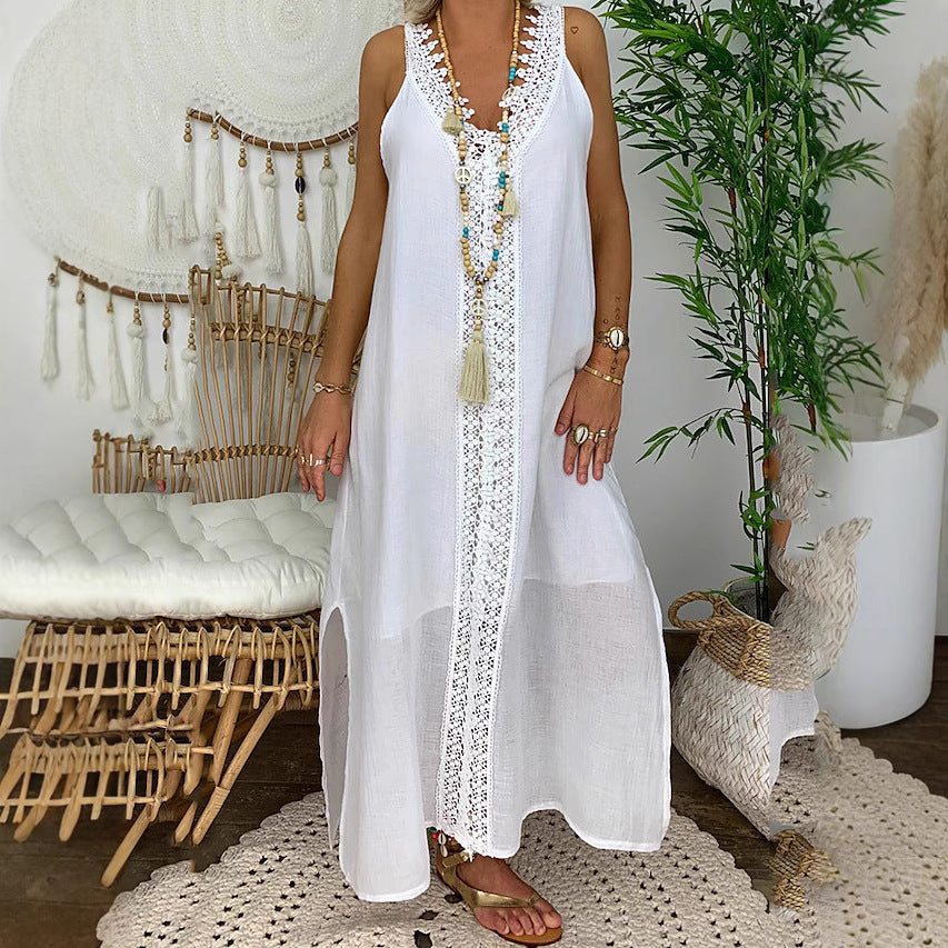 Damen Maxi-Strandkleid mit elegantem Spitzenbesatz und seitlichen Schlitzen R&B