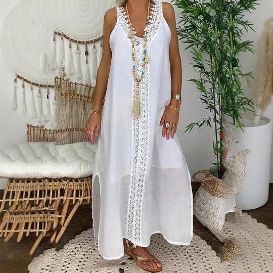 Damen Maxi-Strandkleid mit elegantem Spitzenbesatz und seitlichen Schlitzen R&B
