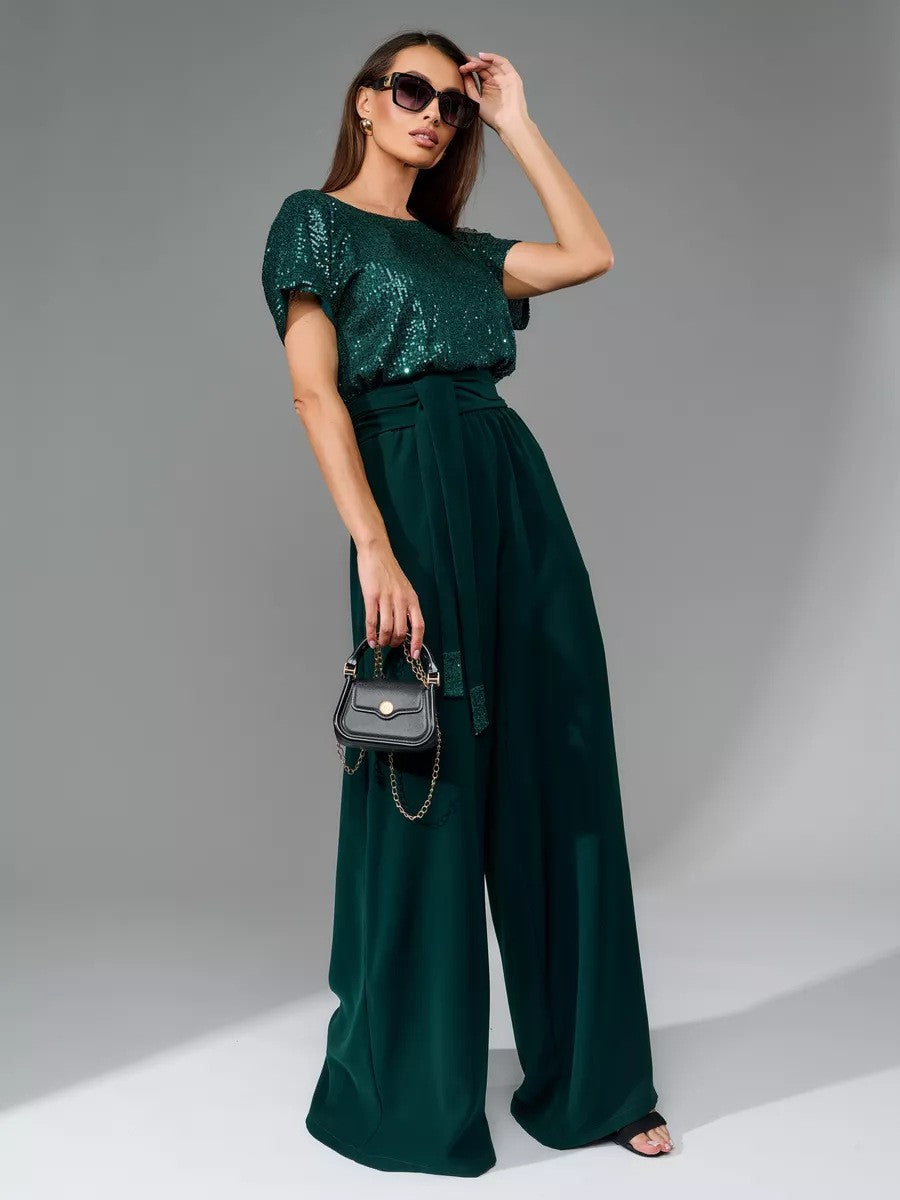 Damen Glitzernder Jumpsuit mit weitem Bein und Taillengürtel R&B