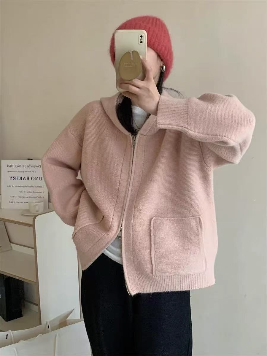Damen Casual Oversized Strickjacke mit Kapuze und Taschen R&B