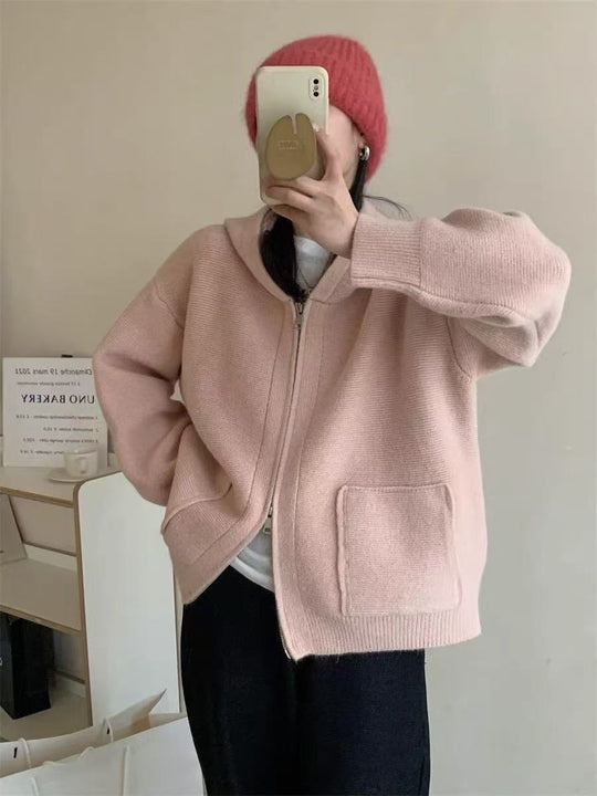 Damen Casual Oversized Strickjacke mit Kapuze und Taschen R&B