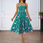 Damen Midi Kleid mit fließendem Rock und verspieltem Blattmuster R&B