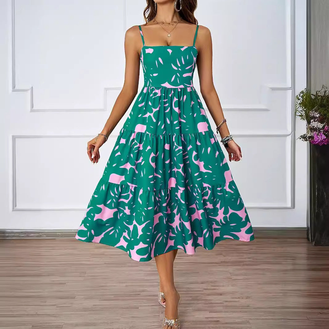 Damen Midi Kleid mit fließendem Rock und verspieltem Blattmuster R&B