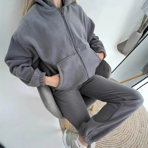 Damen sportliches Fleece-Set mit hohem Kragen und seitlichen Taschen R&B