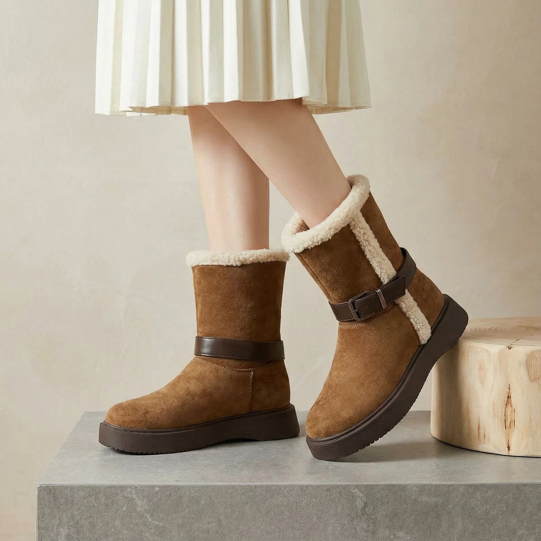 Damen Modische und warme Stiefel mit kuscheligem Innenfutter und praktischer Schnalle R&B