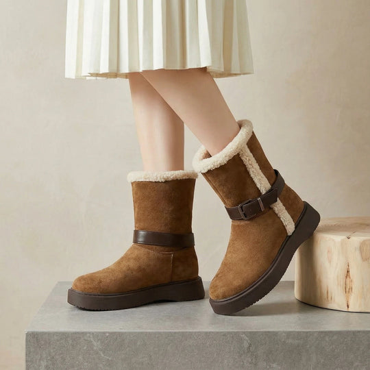 Damen Modische und warme Stiefel mit kuscheligem Innenfutter und praktischer Schnalle R&B
