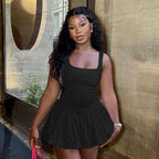 Damen verspieltes Mini-Kleid mit quadratischem Ausschnitt R&B