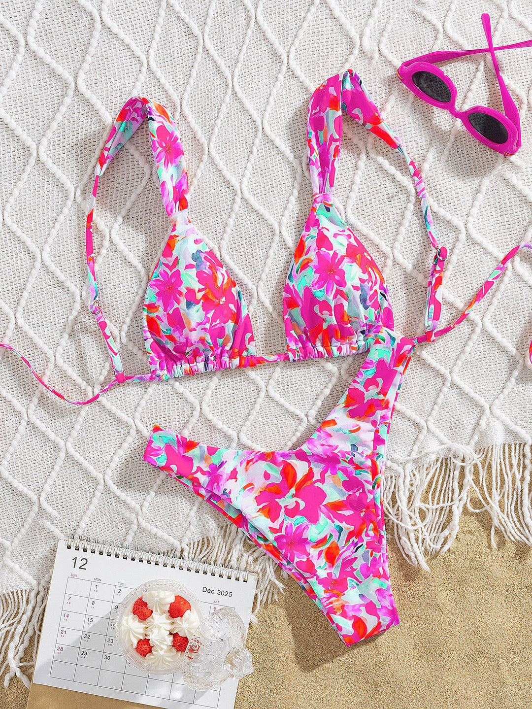 Damen Triangel-Bikini mit buntem Blumendesign und verstellbaren Trägern R&B