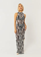 Damen elegantes Maxikleid mit hohem Kragen und fließendem Schnitt R&B