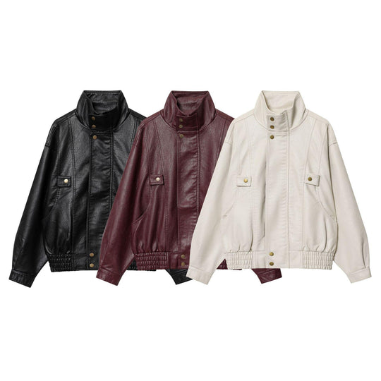 Damen Kunstlederjacke mit hohem Kragen und praktischen Taschen R&B