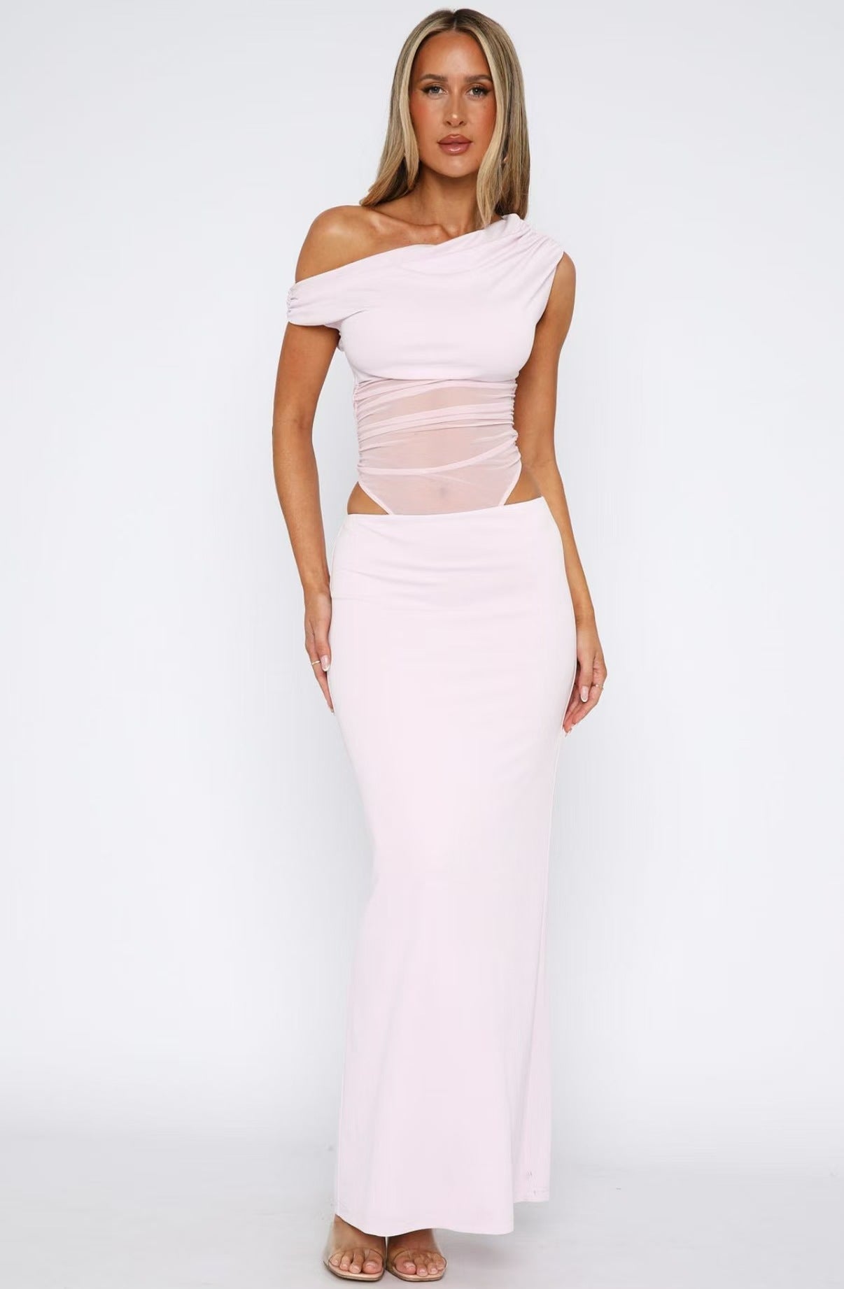 Damen Elegantes Maxikleid mit asymmetrischem Schnitt und transparenten Einsätzen R&B