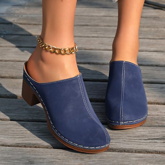 Damen bequeme Clogs aus hochwertigem Wildleder mit elegantem Blockabsatz R&B
