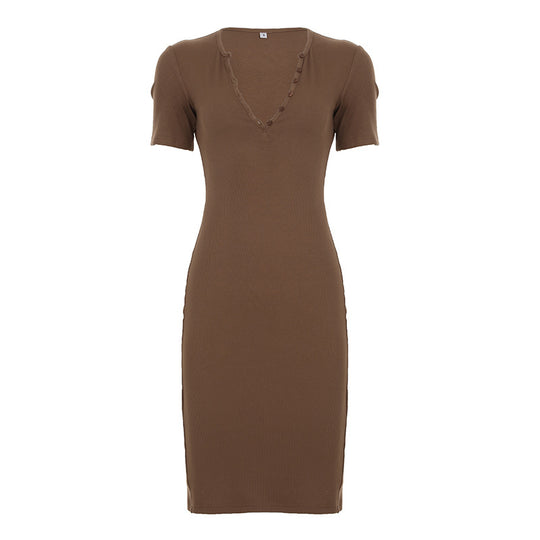 Damen figurbetontes Maxi-Kleid mit Knopfdetails und V-Ausschnitt R&B