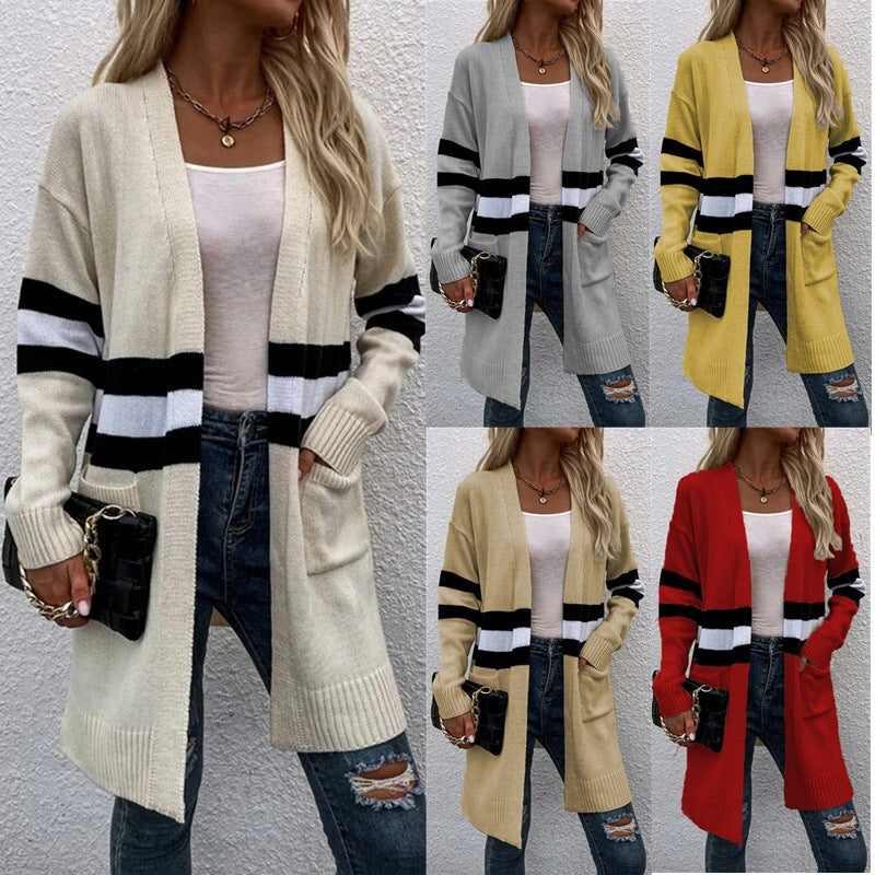 Damen Offene Strickjacke mit modernem Streifenmuster und praktischen Taschen R&B