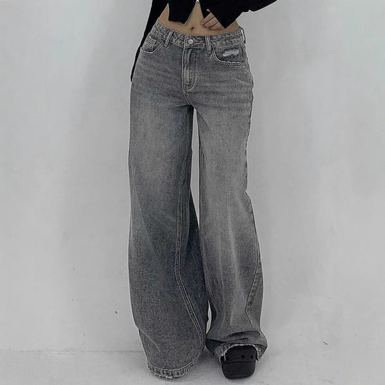 Damen Weite Jeans im lässigen Schnitt mit hohem Bund und modischen Steppnähten R&B