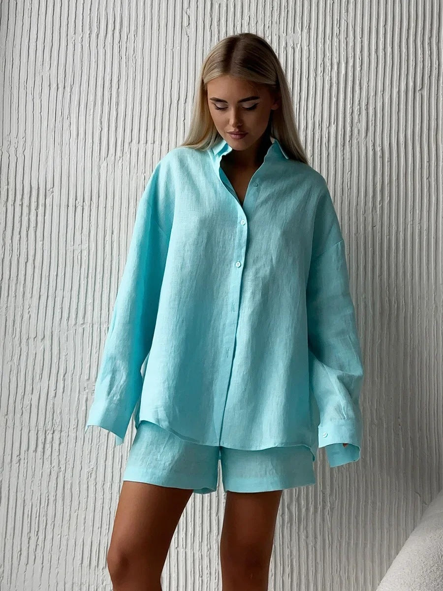 Damen lässige Leinenbluse und Shorts Set R&B
