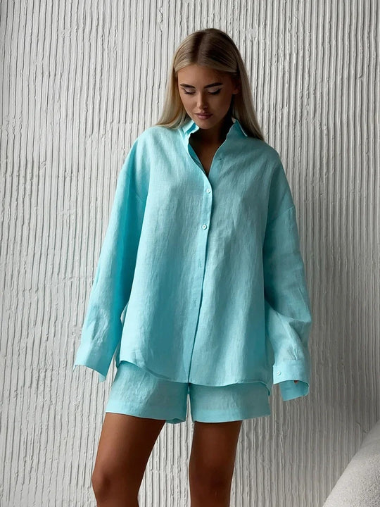 Damen lässige Leinenbluse und Shorts Set R&B