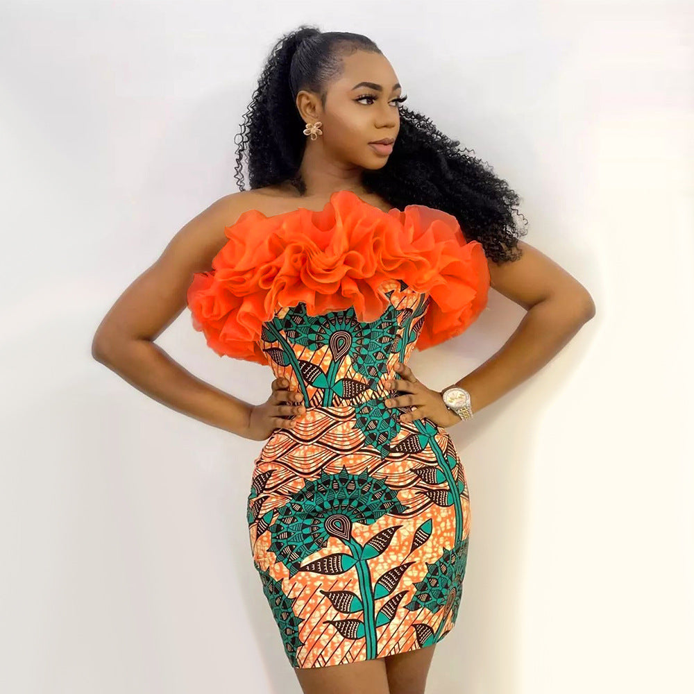 Damen Elegantes Kleid mit voluminösem Rüschensaum und floralen Mustern R&B
