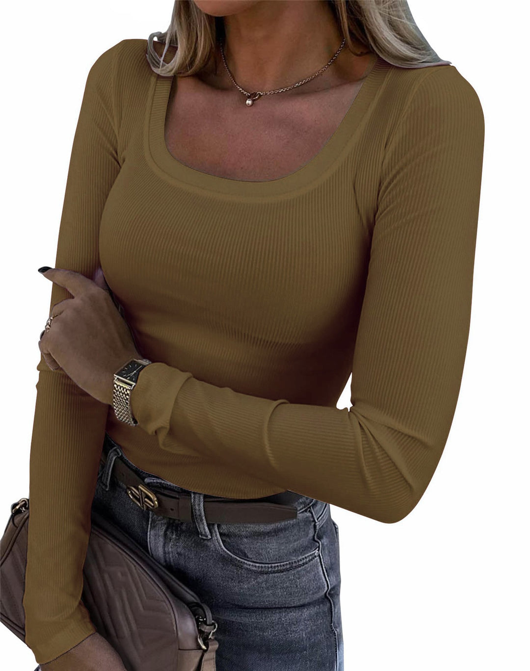 Damen Langarm Ripp-T-Shirt mit elegantem U-Boot-Ausschnitt R&B