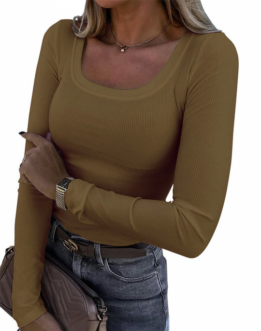 Damen Langarm Ripp-T-Shirt mit elegantem U-Boot-Ausschnitt R&B
