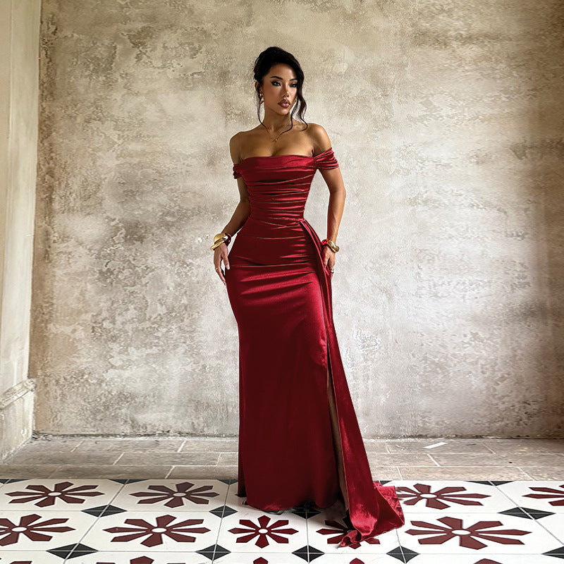 Damen Elegantes Off-Shoulder-Maxikleid aus luxuriösem Satin R&B
