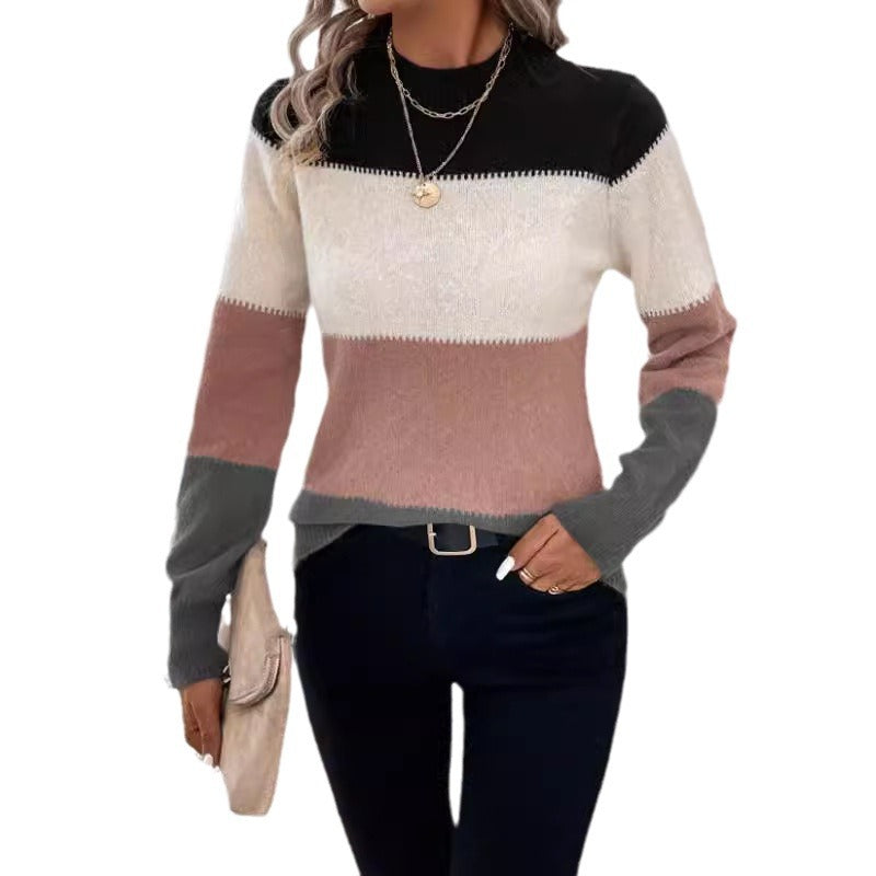 Damen modischer Strickpullover mit trendigem Blockstreifen und steigendem Kragen R&B
