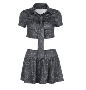 Damen Crop-Shirt und Rock Set mit Kentkragen und Bindeband R&B