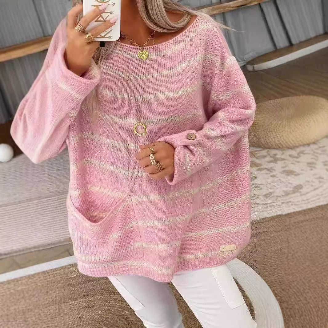 Damen Oversized Strickpullover mit eleganten Streifen und praktischen Taschen R&B