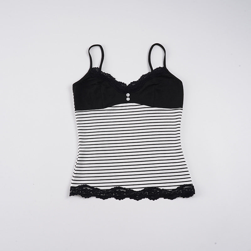 Damen Trägershirt mit dekorativer Spitze und gestreiftem Design R&B