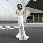Damen Hochgeschlitztes Abendkleid mit transparentem Oberteil und Perlenapplikationen R&B