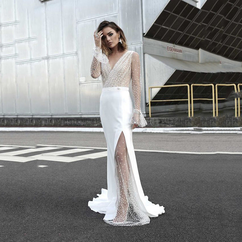 Damen Hochgeschlitztes Abendkleid mit transparentem Oberteil und Perlenapplikationen R&B