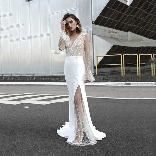 Damen Hochgeschlitztes Abendkleid mit transparentem Oberteil und Perlenapplikationen R&B