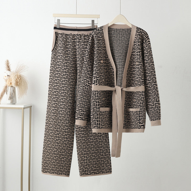 Damen lässiges Strick-Loungewear-Set mit geometrischem Muster R&B