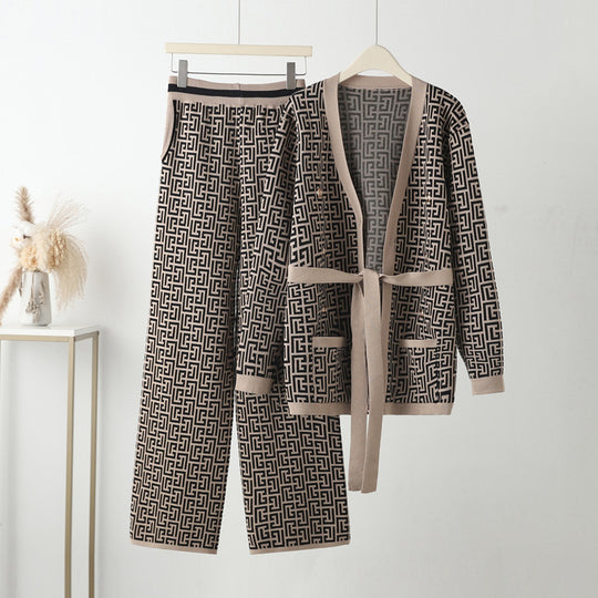 Damen lässiges Strick-Loungewear-Set mit geometrischem Muster R&B