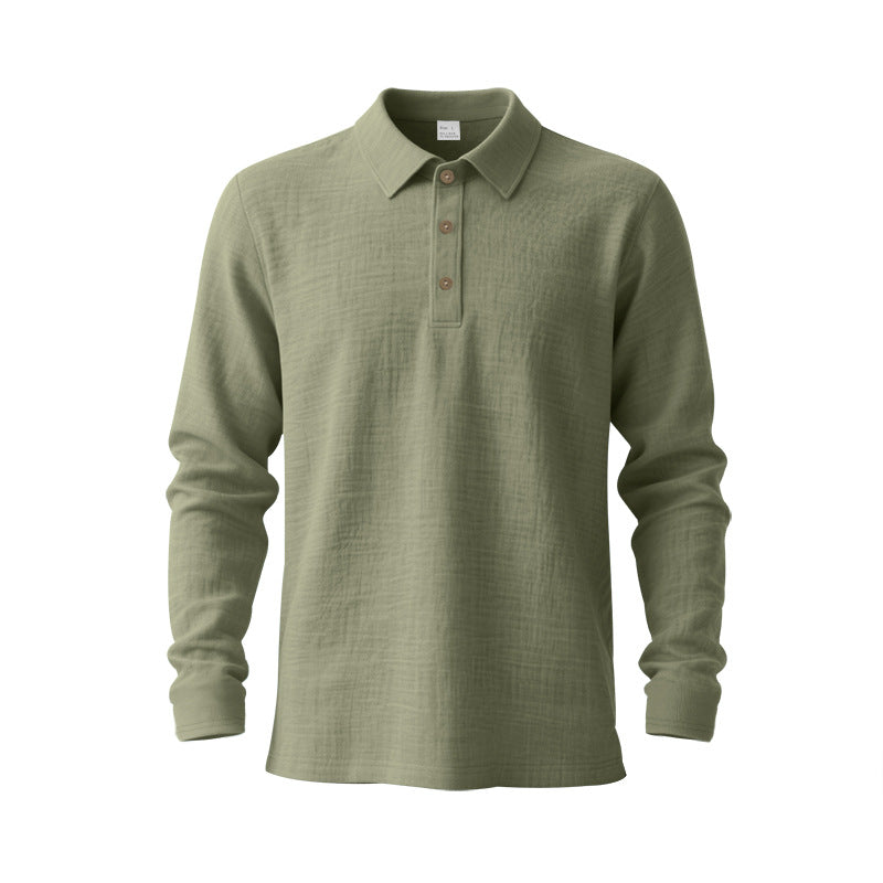 Herren nan Musselin-Langarm-Poloshirt mit Hemdkragen, kurzer Knopfleiste und natürlicher Knopfoptik R&B