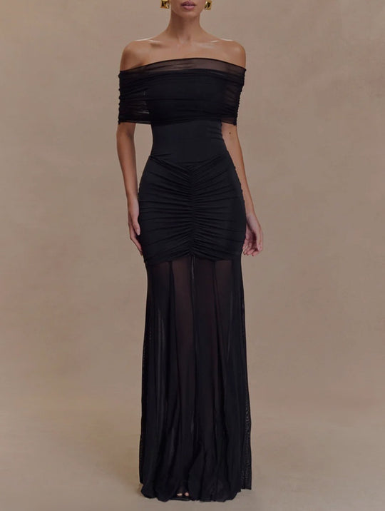 Damen nan schulterfreies Zweiteiler-Abendkleid mit gerafftem Minikleid und transparentem Bodenrock R&B