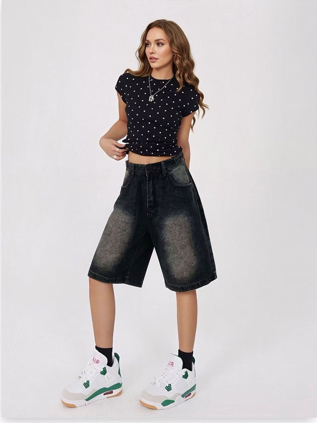 Damen lässige Denim-Shorts mit hohem Bund und weitem Schnitt R&B