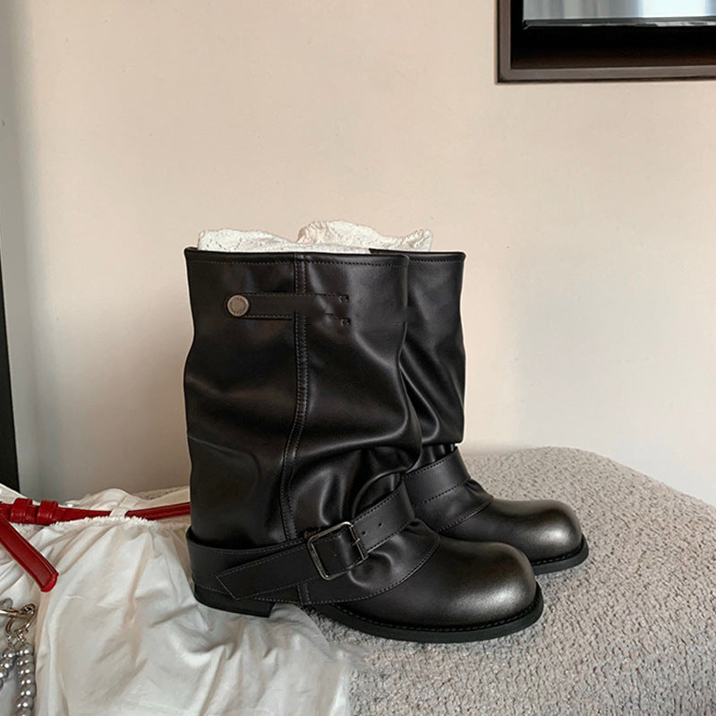 Damen Stiefel mit elegantem Riemenverschluss und modischem Falten-Design