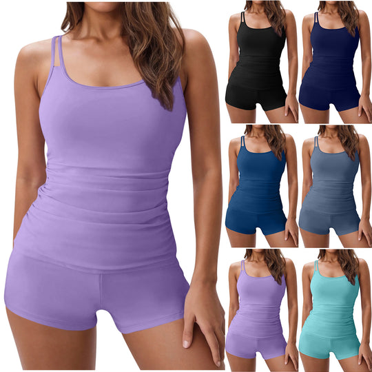 Damen nan figurformendes Tankini-Set mit geraffter Taille und doppelten Spaghettiträgern R&B