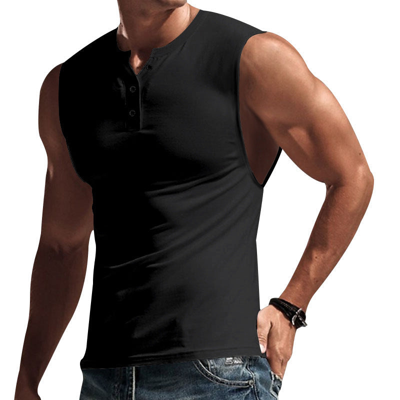 Herren nan ärmelloses Muskelshirt mit Henley-Knopfleiste, tiefem Armausschnitt und elastischem Baumwollmix R&B