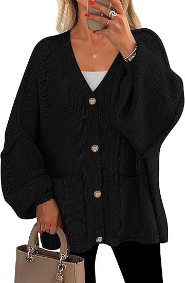 Damen Oversized Strickjacke mit Knöpfen und großen Taschen R&B