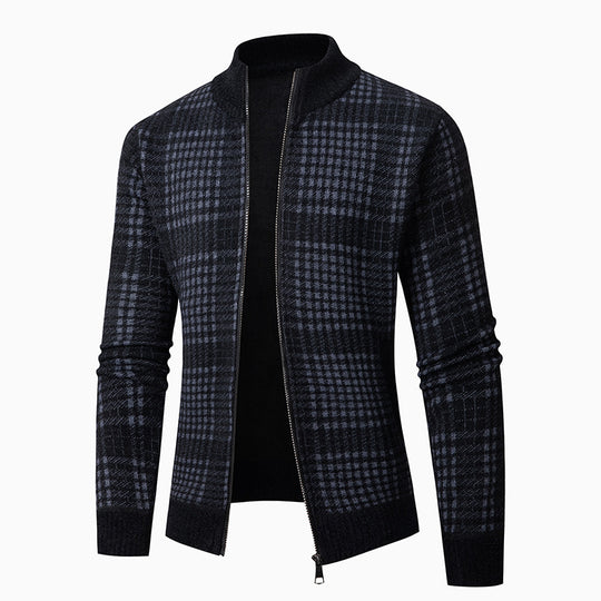 Herren modische Strickjacke mit modernem Karomuster und hohem Kragen R&B