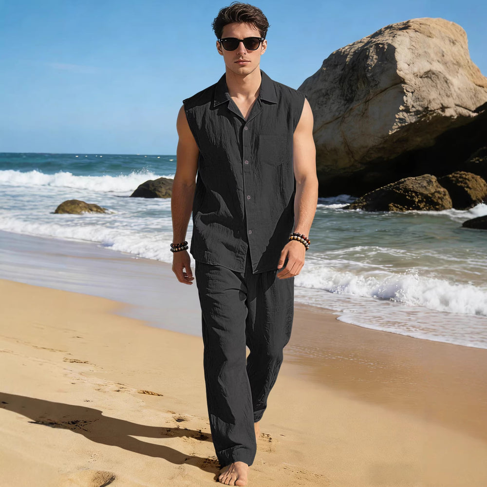 Herren nan ärmelloses Leinen-Freizeit-Set mit Reverskragen Brusttasche und gerader Hose R&B