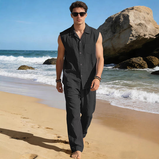 Herren nan ärmelloses Leinen-Freizeit-Set mit Reverskragen Brusttasche und gerader Hose R&B