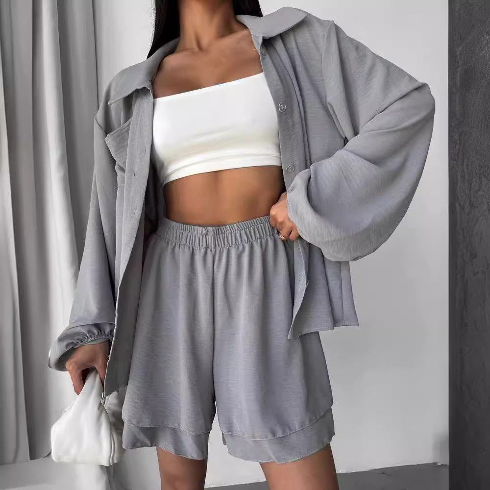 Damen Entspanntes Shorts-Set mit Oversized Hemd