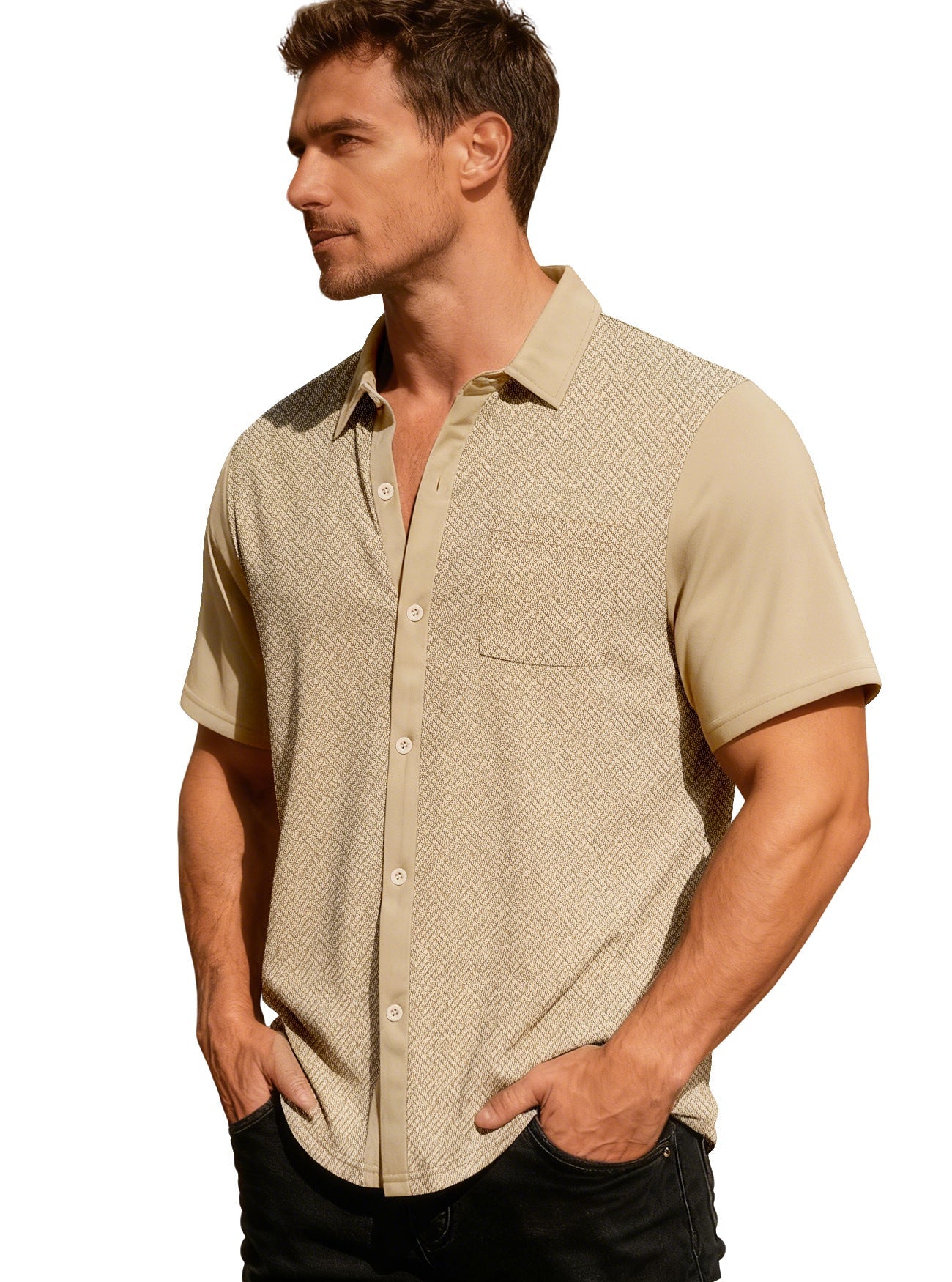 Herren nan legeres Kurzarmhemd mit Jacquardstruktur, kontrastierter Knopfleiste und Brusttasche R&B