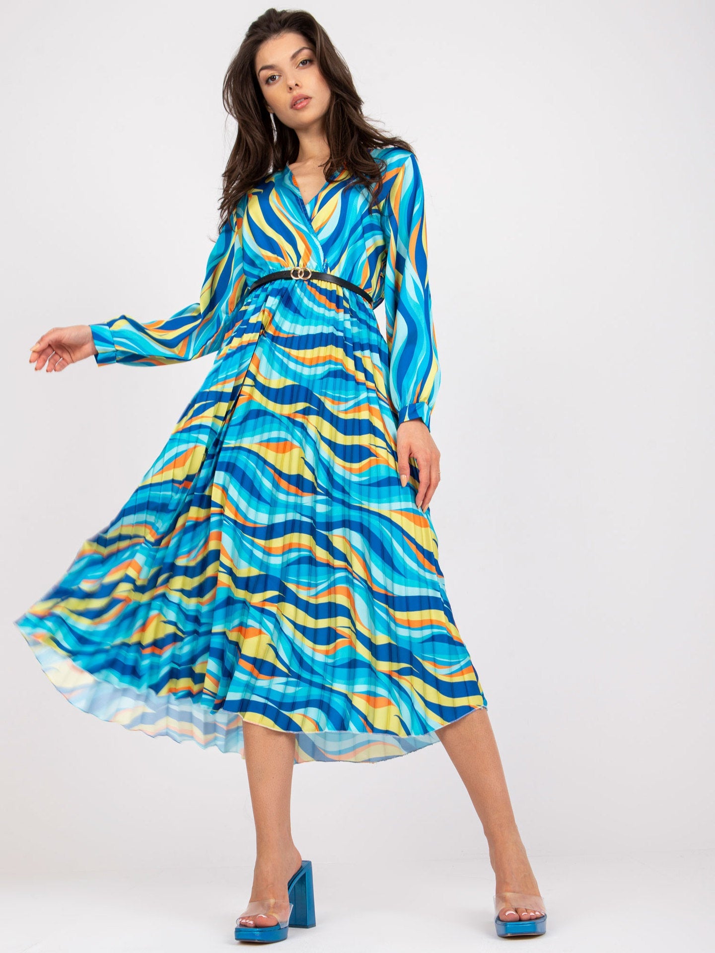 Damen Plisseekleid mit Wellenmuster und tailliertem Design R&B