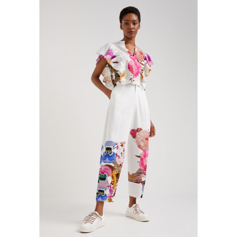 Damen Blusen- und Hosen-Set mit floralem Design und zarten Rüschendetails R&B