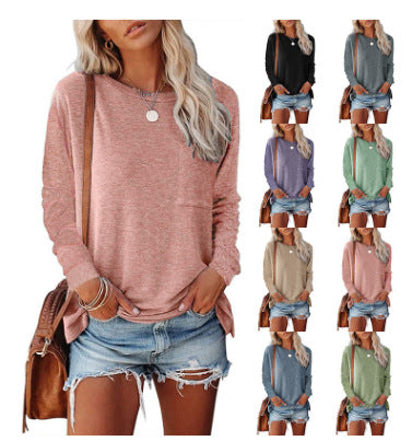 Damen lässiges Langarmshirt mit Taschen und Rundhalsausschnitt R&B